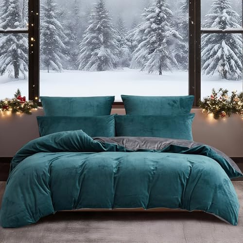 YASMENG Flanell sängkläder 135 x 200 petrol grå varm mysig flanell sängkläder 135 x 200 vinter fluffig plysch sammet fleece vändbara sängkläder 2 delar med dragkedja och 80 x 80 cm örngott
