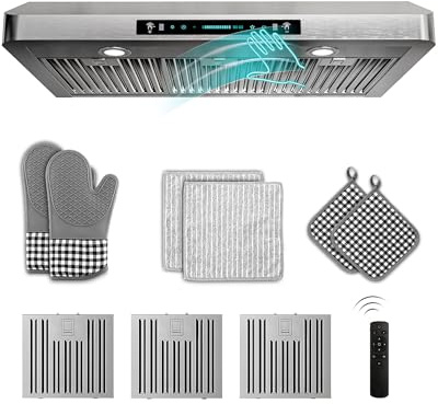 FlyPine 42 inch Stainless Steel Under Cabinet Range Hood - 900 CFM, Gesture Control, Ultra-Quiet 4-Speed Vent, LED Lights, External Venting