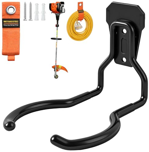 WETOECOTEC Heavy Duty Garden Power Tool Hanger, Garage Storage Utility Hooks with Storage Straps, Electric Tool Hooks, String Trimmer Hangers, Garden Tool Organizer, Weedeater Rack (1, Black)