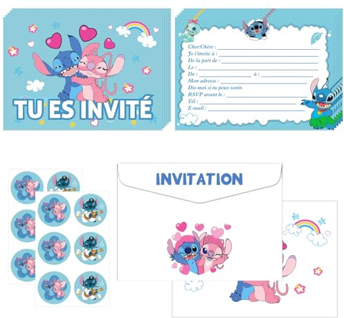 DaengGeGe Français Cartes d'invitation d'anniversaire - Lot de 12 cartes d'invitation d'anniversaire pour enfants - Motifs amusants et colorés avec enveloppes et autocollants（c