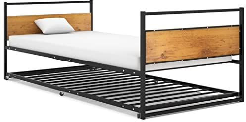 GeenYuu Utdragssäng svart metall 90 x 200 cm, robust sängram med hjul, platsbesparande dagsäng för sovrum, hållbara möbler