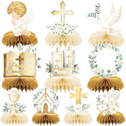 AUGSUN - Juego de 10 decoración de bautizo para niña y niño, camino de mesa comunión en nido de abeja con paloma y cruz, 15 x 15 cm dorado/blanco