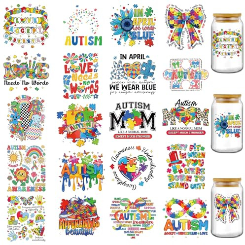 Autism Awareness UV DTF Stickers - 20 Sheets Boho Colorful Puzzle UV DTF Cup Wraps for 16 oz Glass Water Bottle, Bow Floral Handprints Transfer Sticker DIY Tumbler Coffee Mugs Motivational Decal Gifts