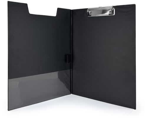A4-blockhållare med flik och klämma - svart PVC-belagd hård hållare - professionell portfölj med innerficka och upphängningskrok, perfekt för möten, arbetsplatser, kontor