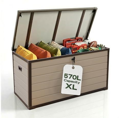 Olsen & Smith 570L Large Garden Storage Box - Weather Resistant Heavy Duty Garden Box with Padlock & Wood Effect - Huge Capacity Outdoor Storage Chest for Tools, Cushions, Toys & More (BEIGE)