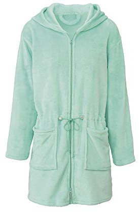 CelinaTex M Bademantel Kapuze Uni kurz aufgesetzte Taschen zwei Wege Reißverschluss Damen Kuschelflanell OEKO-TEX Famous