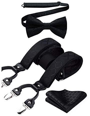 HISDERN Bretelle da Uomo Nero Plaid Eleganti Regolabile 6 Clips di e Forma a Y Elastica Bretelle Papillon e Fazzoletto da Taschino Set