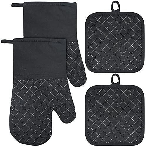 Ofenhandschuhe und Topflappen 4er Set, 300°C Hitzebeständige Topfhandschuhe Anti-Rutsch Ofen Handschuhe, Oven Mitts Küche Backhandschuhe Kochhandschuhe（Schwarz）
