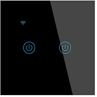 Lancoon Interrupteur Mural Tactile Télécommande Intelligente sans Fil Prise en Charge de la Commande Vocale Partage de la Famille Fonction de Minuterie Fil Neutre Requis(Noir, 2Gang)