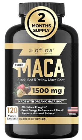 gflow vitamins Organic Maca Root Capsules for Women & Men - Black, Red, Yellow Peruvian Maca Root Extract & Black Pepper - 120 Vegan Pills - Supports Energy, Performance & Mood | Made in USA