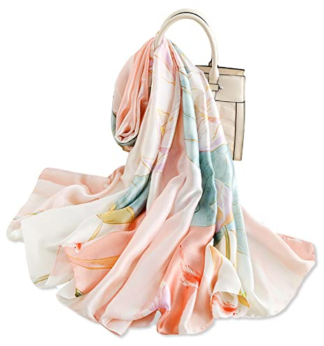 LumiSyne Foulard En Soie Femme Imprimé Lotus Motif Géométrique Épissage De Couleur Style Rétro Luxe Longue Écharpe Doux Chaude Étole Châle De Protection Solaire Toutes Les Saisons