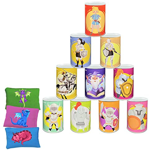 Ulifeme Juegos de Jardin, Juego de Lanzamiento Exterior para Niños y Adultos, 10pcs Patrón de Príncipe Metal Tirar Latas y 3pcs Bolsas de Frijol, Punteria Regalo para Casa, Cumpleaños y Otros Fiestas