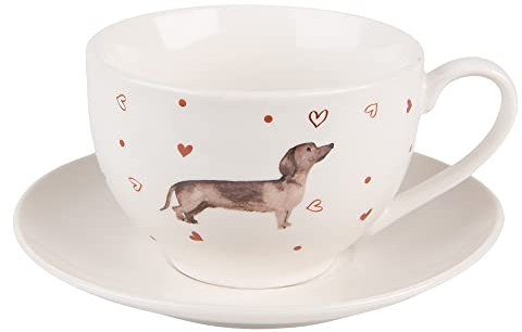 Clayre & Eef Tasse mit Unterteller 200 ml Beige Braun Porzellan Rund Dackel Kaffee Cappuccino