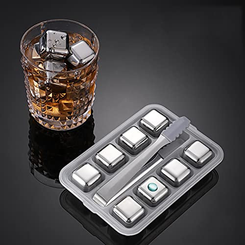 Whisky Stones Set,8 Pezzi Cubetti di Ghiaccio Riutilizzabili in Acciaio Inox con Punta in Silicone Pinze,Pietre per Whisky,per Whisky Vodka Wine Beer e Tutte le Bevande