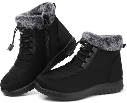 SHIBEVER Winter Boots for Women Snow: Black Fur Lined Warm Ankle Boots - Cold Weather Water Resistant Outdoor Zipper Snow Shoes Size 9