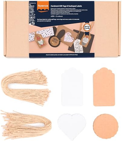 Florence Tonkarton Geschenkanhänger & Etiketten mit Wellenrand - Kraft und Weiß - 200 Stück - Set mit Etiketten, Kreise und Herzen- Blanko Danke Anhänger und Kraft Anhänger - Inklusive Juteschnur