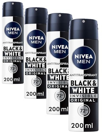NIVEA MEN Déodorant Spray Invisible For Black & White Original (1 x 200 ml), déodorant homme anti-traces blanches et jaunes, anti-transpirant aisselles protection 48 h (Lot de 4)