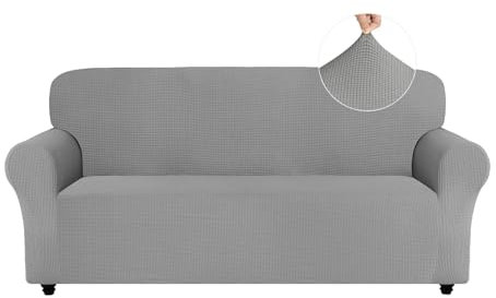 Easy-Going Stretch Sofa Überzug 3 Sitzer, Rutschfester Sofabezug für Hund Katze, Stilvoller Jacquard Couch Überzug Bezug, Weicher Küchensofa Couch Cover, 1 Stück Sofaschoner mit Armlehnen, Hellgrau
