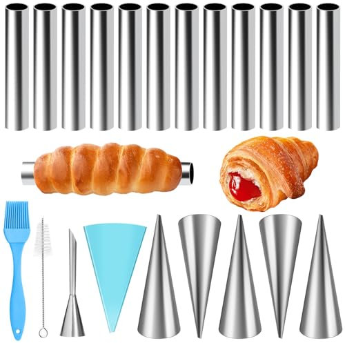 HavaCue 21 Pezzi Stampi per Cannoli Set,Scciaio Inossidabile Cannoli Stampi,Forme per Cannoli, Con Spazzola Detergente, Sacchetto Pasticceria, Bocca Crema per Riccioli Cannelloni Schiller