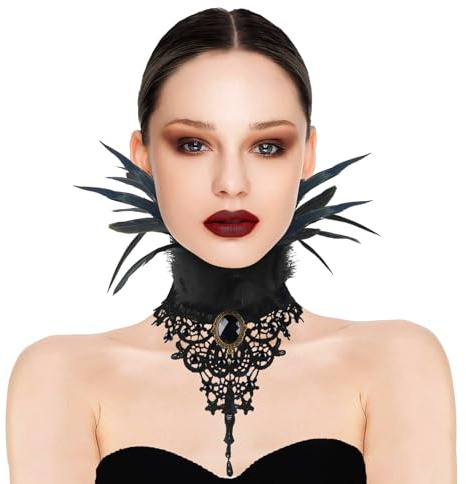 Shyllin schwarz Halloween gotische Feder-Halskette, viktorianische Federkragen, gotische Federkragen, schwarze Spitze Halskette Zubehör für Halloween, Modefeiern Maskeraden