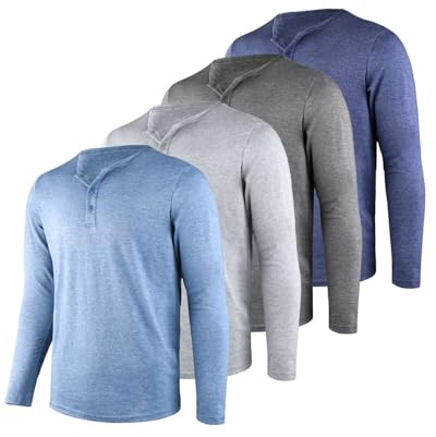 Liloak Lot de 4 t-Shirts Henley pour Homme, Multipack Henley à Manches Courtes, t-Shirts à 3 Boutons Multicolores, Lot de t-Shirts Classiques décontractés, Gris/Bleu Marine/Gris Clair/Bleu Clair -