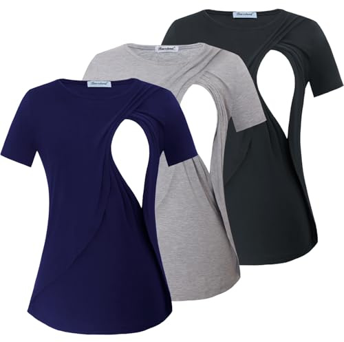 Bearsland Maglietta da donna a maniche corte per allattamento, a doppio strato, abbigliamento per gravidanza, confezione da 3, Grigio ferro, grigio chiaro e blu zaffiro, XL