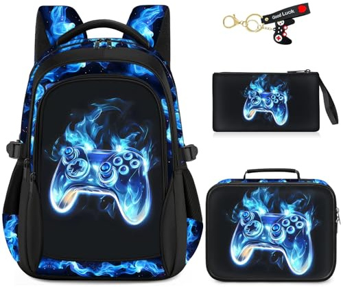 ZHIMEBYE School Backpacks for Boys - 4pcs Gamer Boys Backpacks with Lunch Box Set for Kids Teens Elementary Middle School, 17″ Large Capacity Students Bookbag, Perfect for Travel