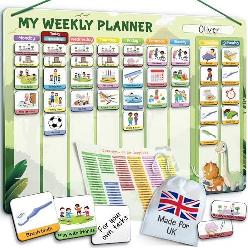 LIKARTO Visual Timetable for Kids - 2-in-1 Weekly + Daily Schedule - Magnetic Timetable with 194 Magnets and Magnetic Backing - Morning Routine Chart - Now and Next Board Autism - ADHD Aids - Green