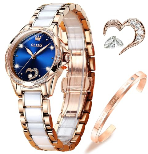 OLEVS Montres pour Femme à remontage Automatique en Or Rose avec Diamants Robes de Luxe Bracelet en céramique Blanche, 6631 Blanc