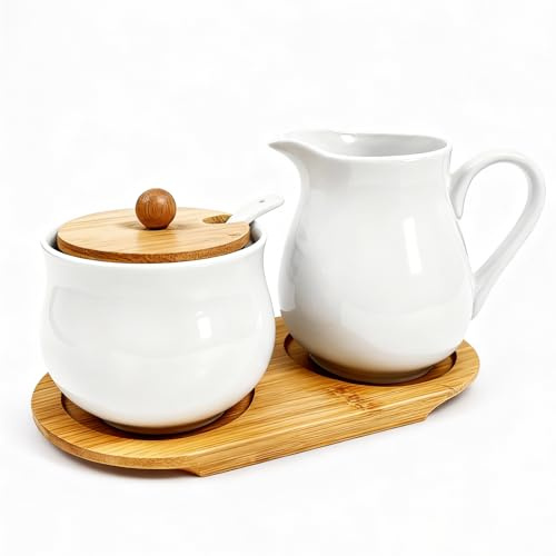 Set da 2 pezzi latte e zucchero, zuccheriera in ceramica con coperchio in bambù e cucchiaio, pratico bricco per latte in ceramica con vassoio in legno, contenitore per zucchero per cucina e tavolo da
