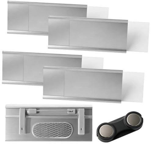 4 stycken namnskyltar för klädmagnet – aluminium namnskylt med stark dubbelmagnet, magnetisk, med pappersspår, för arbete och utställning (72 x 30 mm)