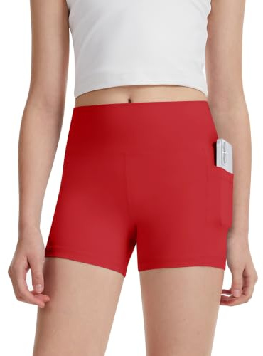 DOCUMO Girls Shorts with Pockets High Waisted Cycling Short(Red,XL)