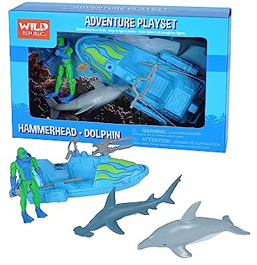 Wild Republic Dolphin, Hammerhead, Speed Boat, Oars, Scuba Diver, Gifts for Kids, Adventure Playset, 6 Piece Set