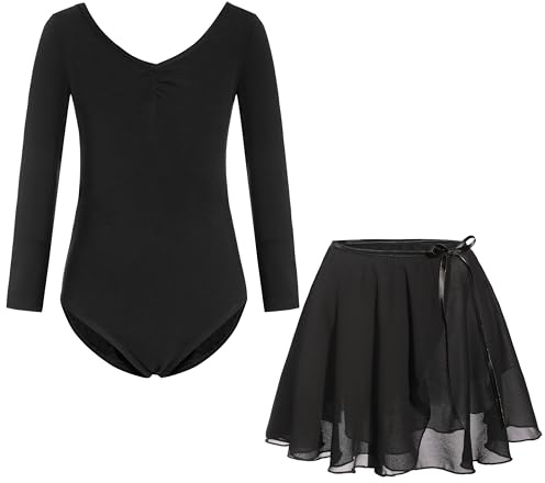 FONLAM Vestido Maillot de Ballet Danza para Niña Maillot Gimnasia Manga Larga Falda Ballet Tutú Leotardo de Baile (12-14 Años, Negro)