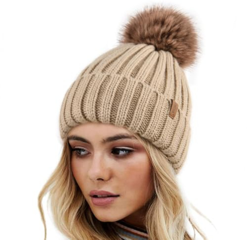 FURTALK Winter Hats for Women Double Layer Fleece Line Beanie Hat with Bobble Pom Pom Hats Khaki