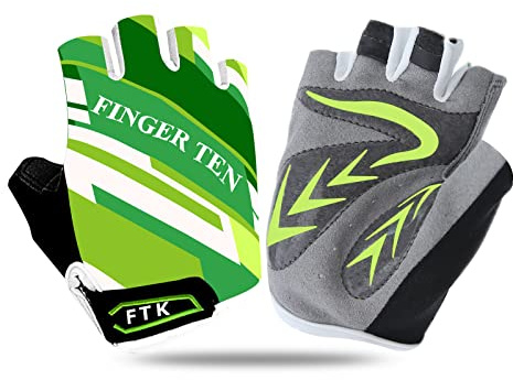 FINGER TEN Gants Velo Enfant Cyclisme Junior Running VTT Moto Demi-Doigt poignée Paire de Valeur, Gant Gel Résistant à l'abrasion Antideparant Mitaines Taille Petit Vert Rose Bleu (Vert, M)