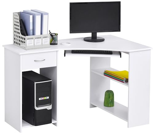 HOMCOM L-Shaped Corner Computer Desk w/ 2 Shelves Wide Worktop Keyboard Tray Drawer & CPU Stand Home Office Study Bedroom Furniture White