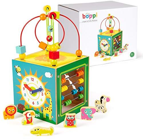 boppi 5‑in‑1 Wooden Activity Cube for Children Aged 1–5 Years – Montessori Learning Toy with Bead Maze, Shape Sorter, Abacus & Clock – Educational Gift for Toddlers & Preschoolers