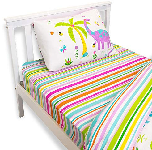 Happy Linen Company Girls Kids Dinosaur Park Jurassic Pink T-Rex Dino Stripes White Single Fitted Sheet Bedding
