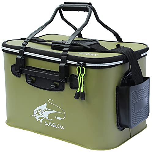 MMSGA Angeleimer, Tragbarer Faltbarer Angelköder-Eimer，Multifunktionaler Behälter für lebende Angelköder, Outdoor-Camping-Eva-Angeltasche und Fischschutzeimer(Armeegrün, 23L)