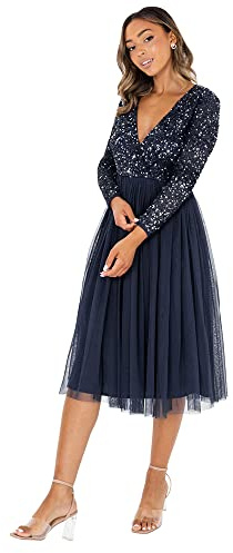 Maya Deluxe Damen Maya Midi-Brautjungfernkleid in Wickeloptik mit Verzierungen vorne Marine Größe 46