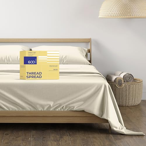 THREAD SPREAD 100% Egyptian Cotton Sheets Full Size - 600 Series Bliss Collection Sheet, 4 PC 16 Deep Pocket Full Size Sheets Sets (Ivory), Soft Cooling Sateen Weave Cotton Hotel Luxury Sheet