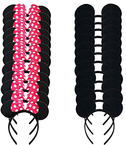 LEEMASING Paquete de 24 disfraces de ratón, diadema de tela de lujo para niños y niñas, accesorios de cumpleaños para baby shower headwear Party Favors Decoraciones (Rosa Negra Roja)