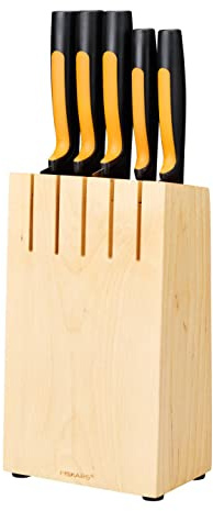 Fiskars Knivblock med 5 Knivar, Bredd: 14,5 cm, Höjd: 36 cm, Björkträ
