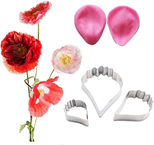 Lot de 5 moules en silicone en forme de fleur de coquelicot pour fabrication de sucre en forme de pétale - Emporte-pièce en acier inoxydable - Emporte-pièce pour fondant, savon, chocolat, cupcakes,