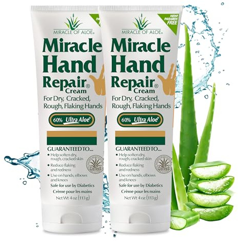 Miracle Hand Repair Cream for Dry Cracked Hands 4 oz Best Healing Hand Cream with 60% Aloe Vera - Non-Greasy Moisturizer for Working Hands - Fast Absorbing Lotion for Extremely Dry Skin (2-Pack)
