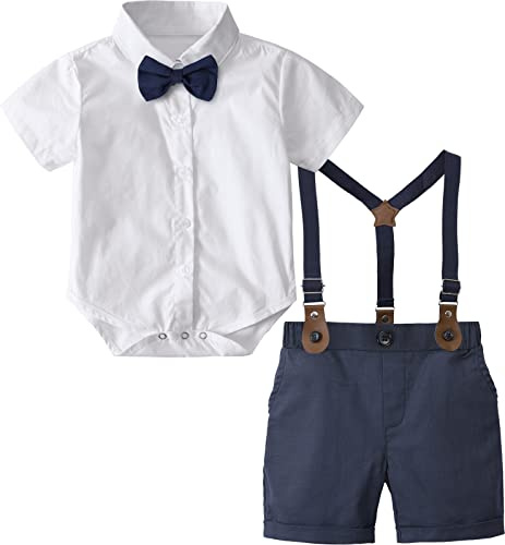 mintgreen Bambino Ragazzo Abiti Pasqua Formale Abbigliamento Gentiluomo Manica Corta Camicia Pantaloni Set con Papillon Bretella, Bianco, 3-6 Mesi, 60