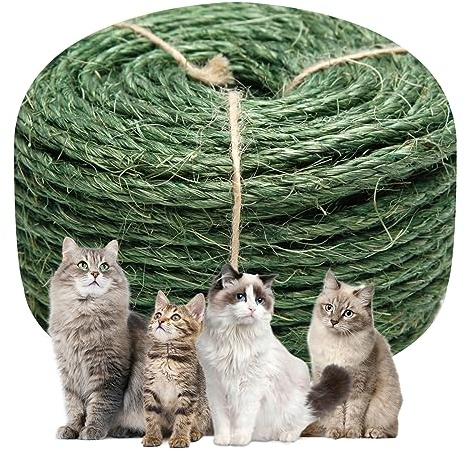 Green Sisal Rope 1/4 Inch by 65-Feet for Cat Scratching Post Tree Tower Replacement Repair and Replace, DIY Hemp Twine Rope for Kittens Shelves Scratch Mat Window Bed Perch Climbing, 6mm by 20m
