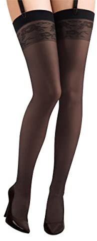 Seducenti Lovely Legs - Calze a reggicalze da donna, prodotte nell'UE, Calze a reggicalze nere con bordo floreale, Taglia XL/XXL