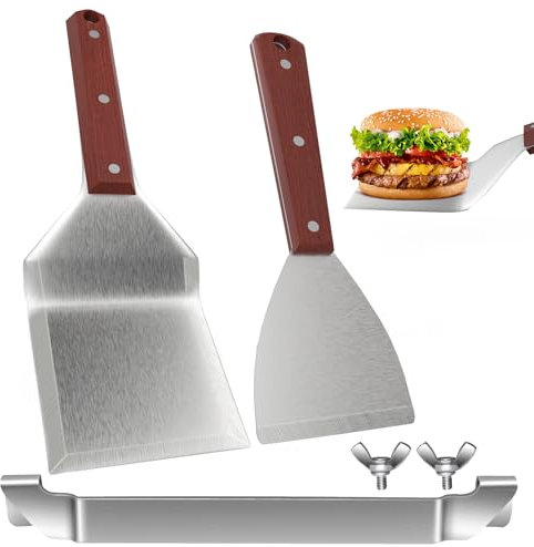 HAPPY FINDING Grillspachtel holzgriff Grillbestecksets Edelstahl Grill Zubehör für Profi BBQ Zubehör Smash Burger
